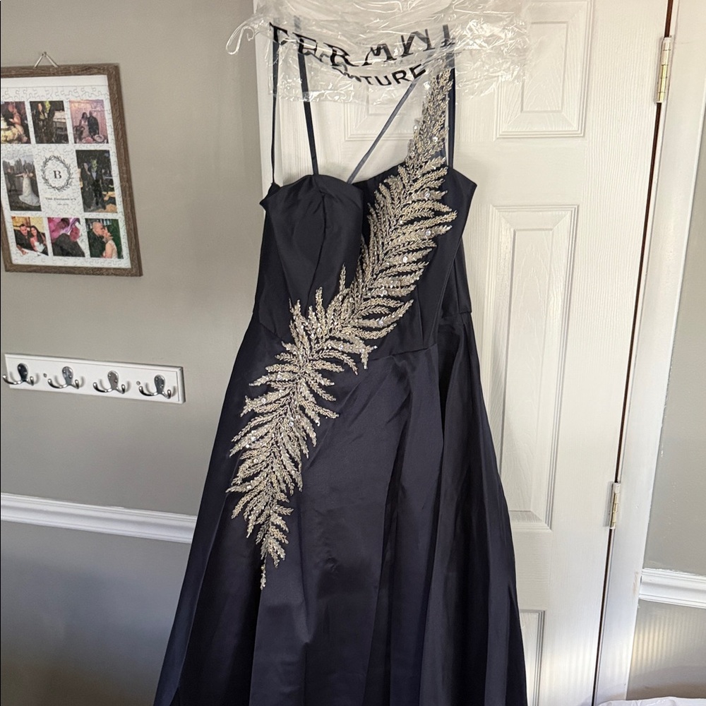 Terani Couture Black Dress with Silver Leaf Design
